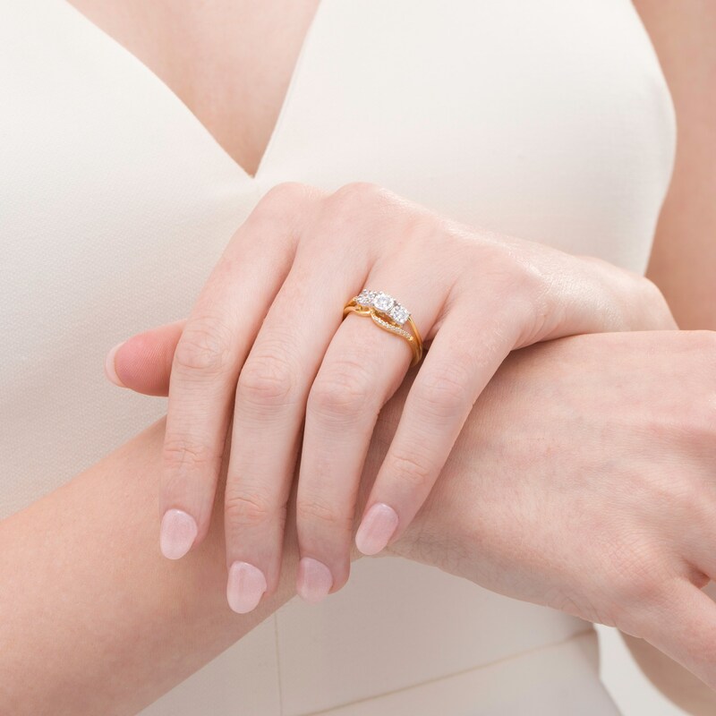 Main Image 2 of 0.25 CT. T.W. Diamond Past Present Future® Bypass Split Shank Engagement Ring in 10K Gold