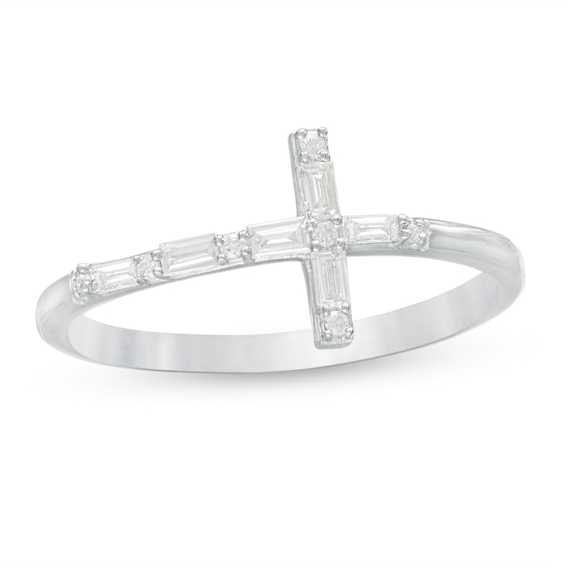 0.145 CT. T.W. Baguette and Round Diamond Sideways Cross Ring in 10K White Gold