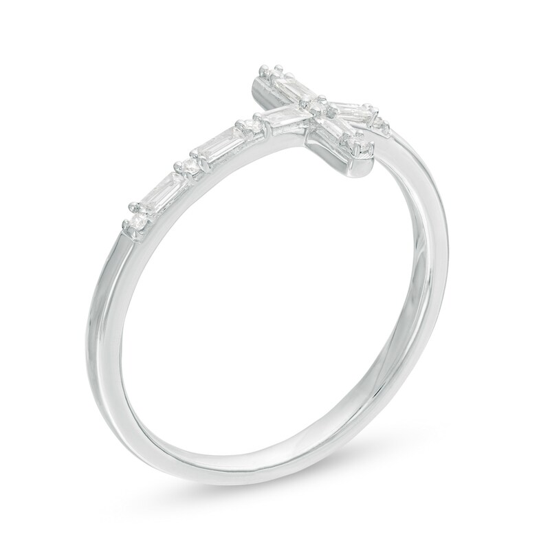 Main Image 3 of 0.145 CT. T.W. Baguette and Round Diamond Sideways Cross Ring in 10K White Gold