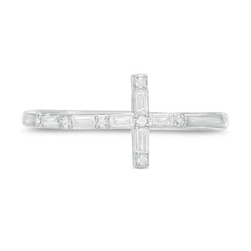 Main Image 4 of 0.145 CT. T.W. Baguette and Round Diamond Sideways Cross Ring in 10K White Gold