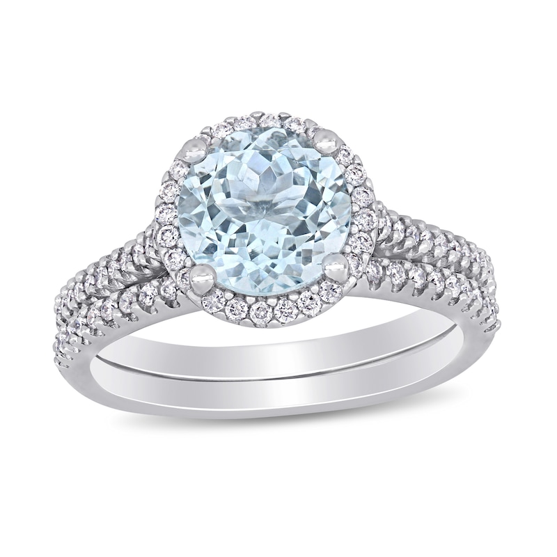 8.0mm Aquamarine and 0.35 CT. T.W. Diamond Frame Bridal Set in 14K White Gold|Peoples Jewellers