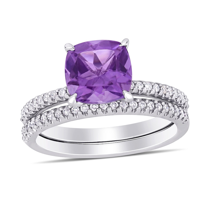 8.0mm Cushion-Cut Amethyst and 0.23 CT. T.W. Diamond Bridal Set in 14K White Gold|Peoples Jewellers