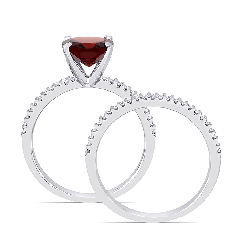 Main Image 4 of 8.0mm Cushion-Cut Garnet and 0.23 CT. T.W. Diamond Bridal Set in 14K White Gold