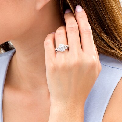 0.96 CT. T.W. Diamond Double Oval Frame Twist Shank Bridal Set in 10K White Gold