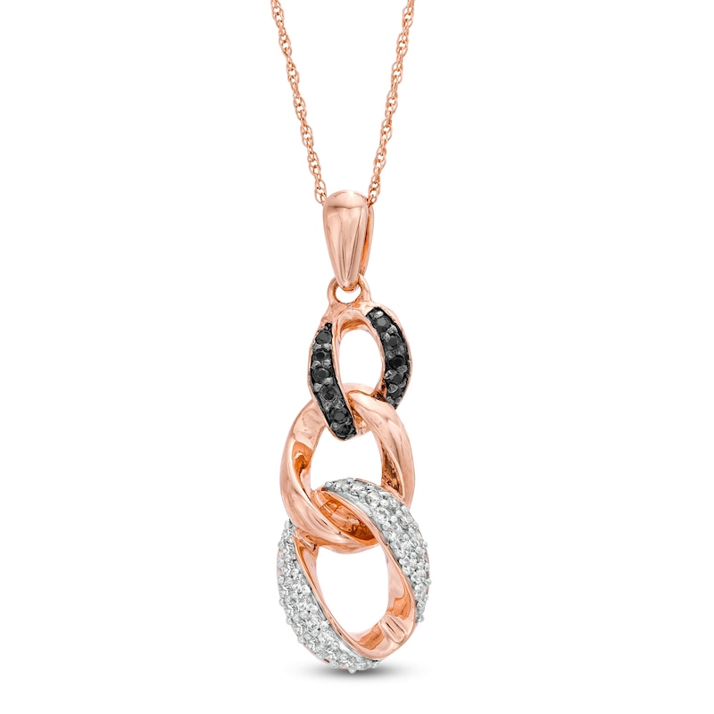 0.23 CT. T.W. Enhanced Black and White Diamond Graduated Three Link Chain Drop Pendant in 10K Rose Gold