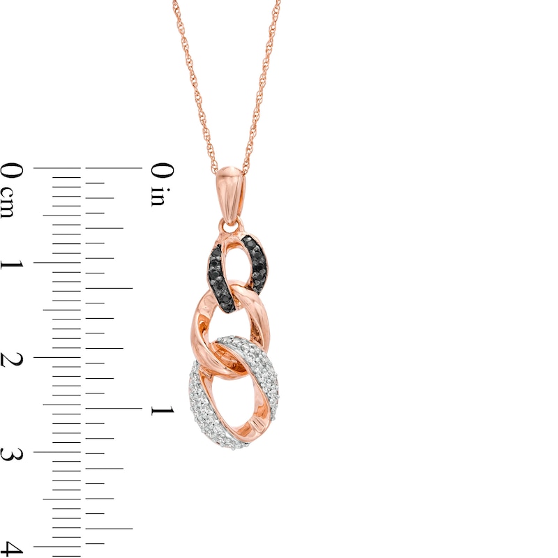 0.23 CT. T.W. Enhanced Black and White Diamond Graduated Three Link Chain Drop Pendant in 10K Rose Gold