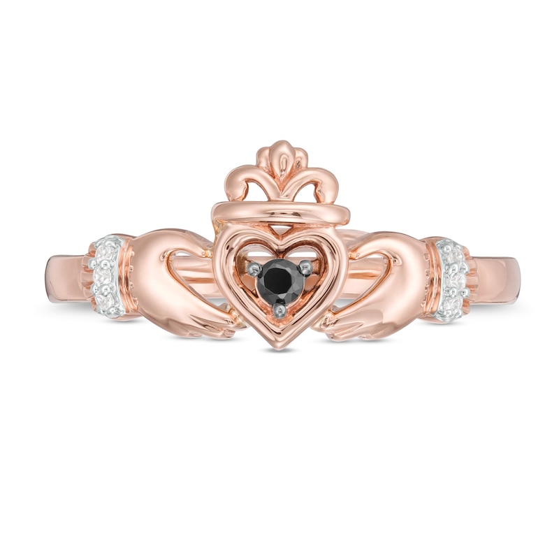 Main Image 4 of 0.04 CT. T.W. Enhanced Black and White Diamond Claddagh Ring in 10K Rose Gold
