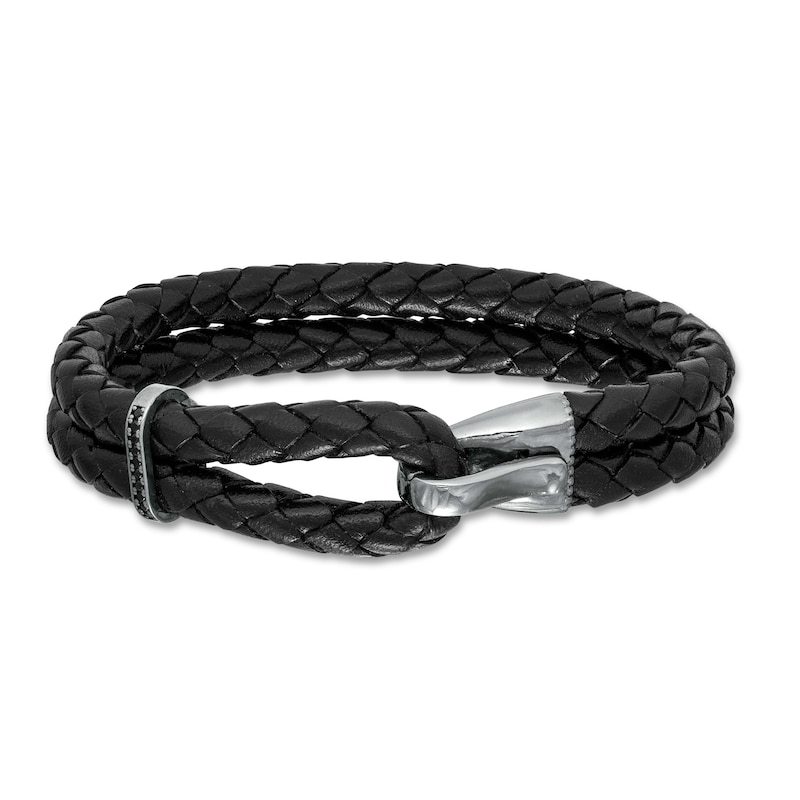 Main Image 1 of Vera Wang Men 0.11 CT. T.W. Black Diamond Braided Leather Bracelet in Sterling Silver with Black Rhodium - 8.5"