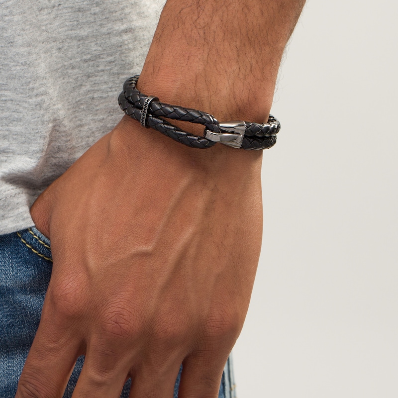 Main Image 2 of Vera Wang Men 0.11 CT. T.W. Black Diamond Braided Leather Bracelet in Sterling Silver with Black Rhodium - 8.5"