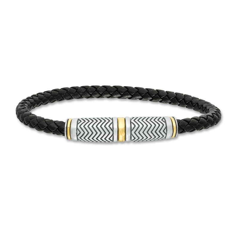 Vera Wang Men Black Braided Leather Bracelet with Sterling Silver and 14K Gold Chevron Barrel Clasp - 8.5"|Peoples Jewellers