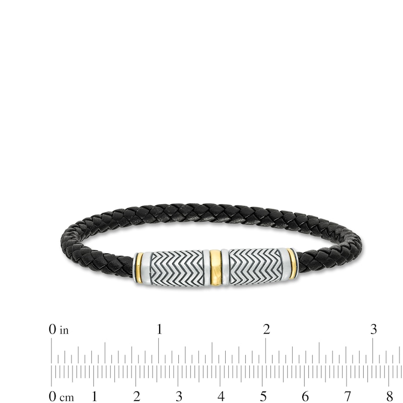 Vera Wang Men Black Braided Leather Bracelet with Sterling Silver and 14K Gold Chevron Barrel Clasp - 8.5"