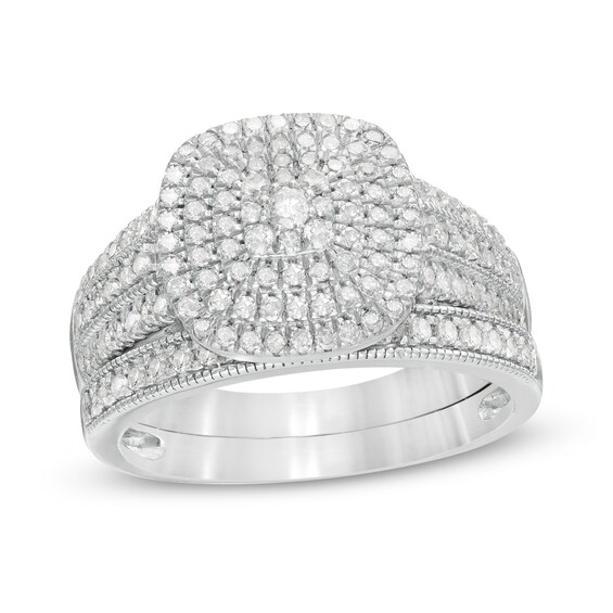 0.69 CT. T.W. Composite Diamond Triple Cushion Frame Vintage-Style Multi-Row Bridal Set in 10K White Gold