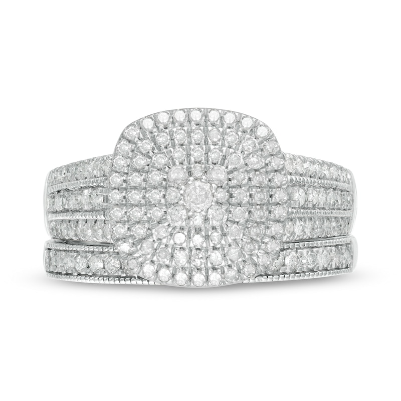 0.69 CT. T.W. Composite Diamond Triple Cushion Frame Vintage-Style Multi-Row Bridal Set in 10K White Gold