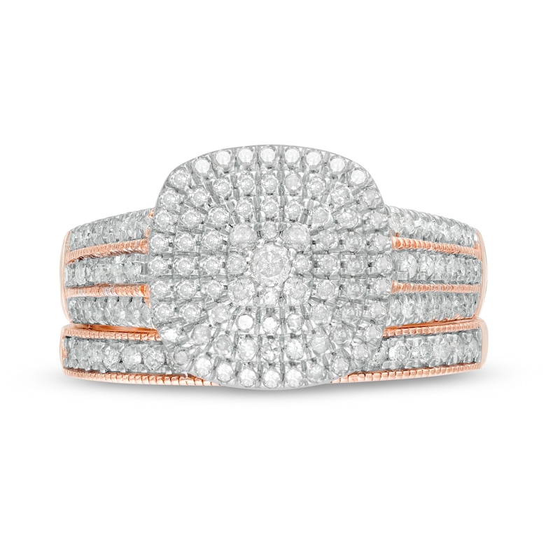 0.69 CT. T.W. Composite Diamond Triple Cushion Frame Vintage-Style Multi-Row Bridal Set in 10K Rose Gold