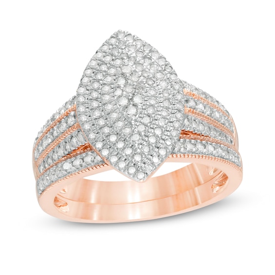 0.69 CT. T.W. Multi-Diamond Triple Marquise Frame Vintage-Style Multi-Row Bridal Set in 10K Rose Gold