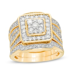 1.45 CT. T.W. Composite Diamond Cushion Frame Multi-Row Three Piece Bridal Set in 10K Gold