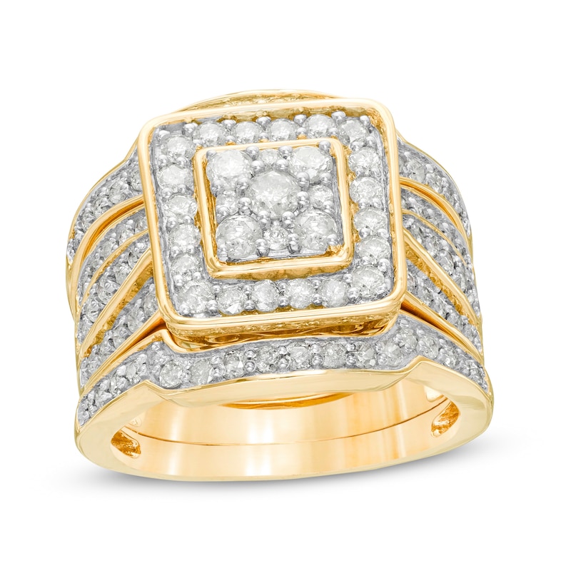 1.45 CT. T.W. Composite Diamond Cushion Frame Multi-Row Three Piece Bridal Set in 10K Gold