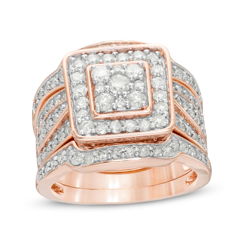 1.45 CT. T.W. Composite Diamond Cushion Frame Multi-Row Three Piece Bridal Set in 10K Rose Gold