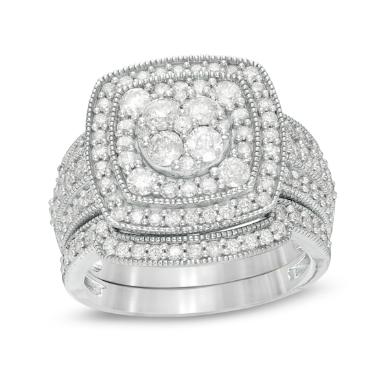 1.45 CT. T.W. Composite Diamond Double Cushion Frame Vintage-Style Multi-Row Bridal Set in 10K Gold