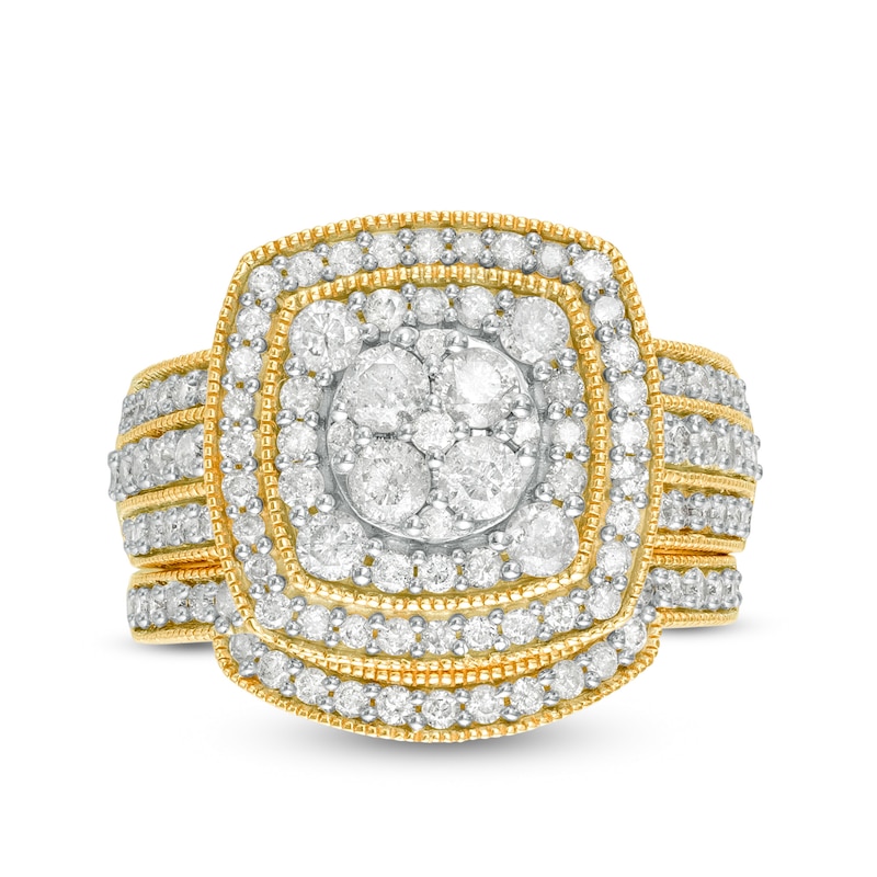 1.45 CT. T.W. Composite Diamond Double Cushion Frame Vintage-Style Multi-Row Bridal Set in 10K Gold