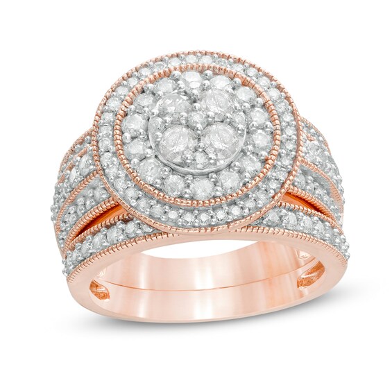 1.45 CT. T.W. Composite Diamond Double Frame Multi-Row Vintage-Style Bridal Set in 10K Rose Gold