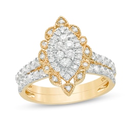0.95 CT. T.W. Multi-Diamond Scallop Marquise Frame Vintage-Style Bridal Set in 10K Gold