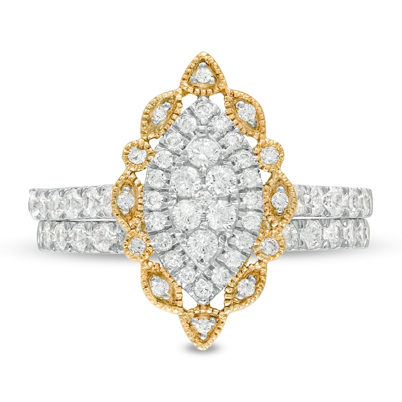0.95 CT. T.W. Multi-Diamond Scallop Marquise Frame Vintage-Style Bridal Set in 10K Gold