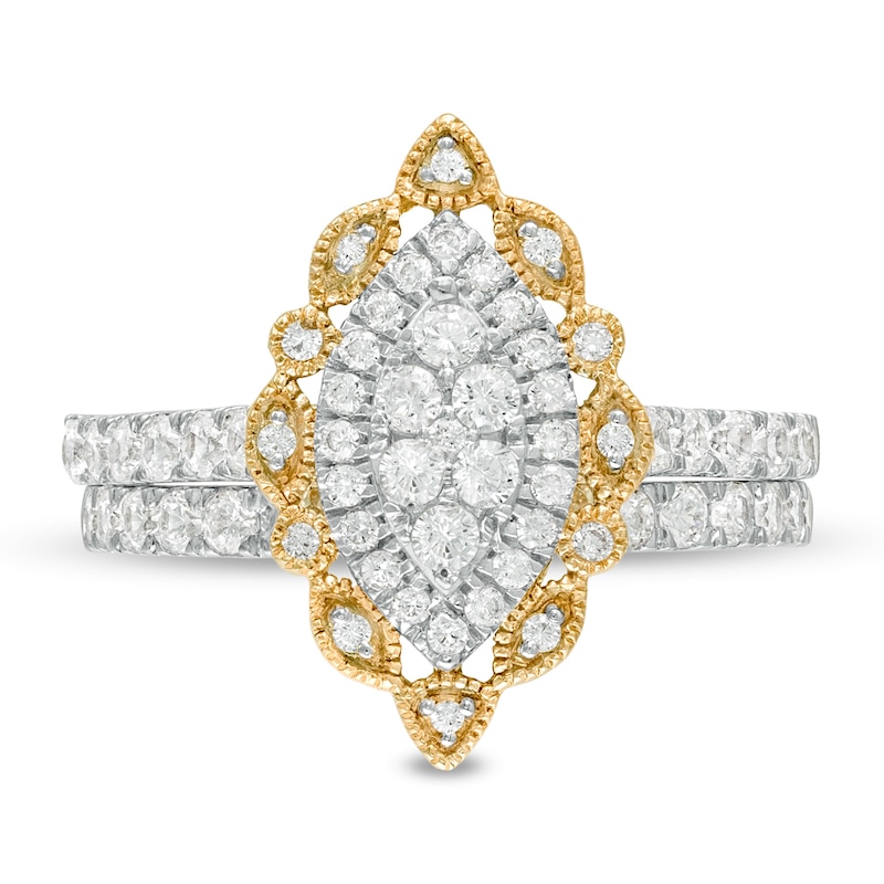 Main Image 4 of 0.95 CT. T.W. Multi-Diamond Scallop Marquise Frame Vintage-Style Bridal Set in 10K Gold