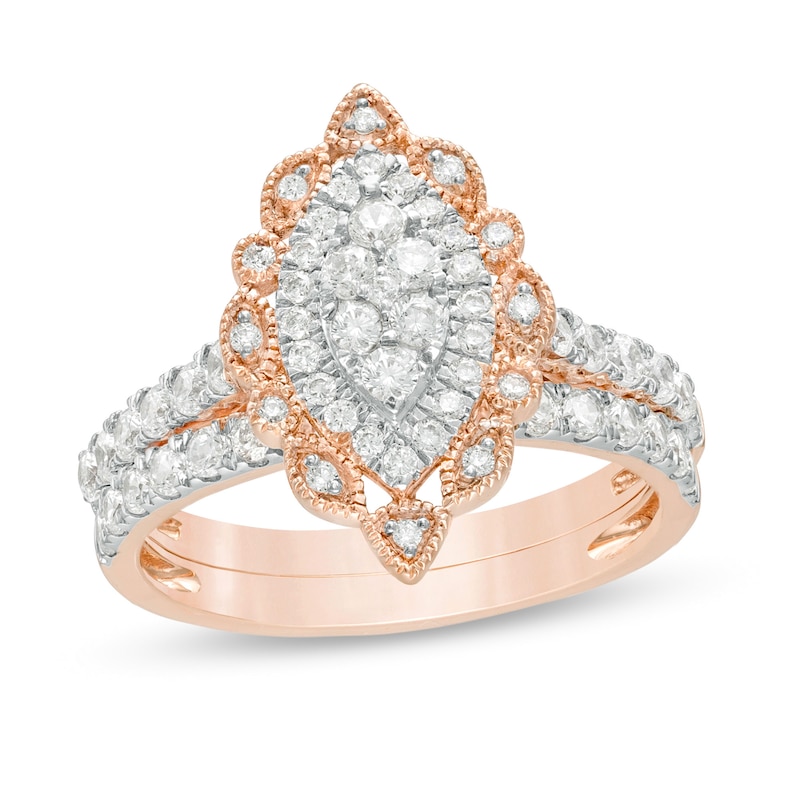 0.95 CT. T.W. Multi-Diamond Scallop Marquise Frame Vintage-Style Bridal Set in 10K Rose Gold