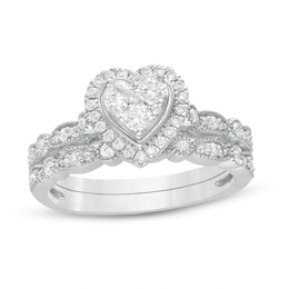 0.45 CT. T.W. Multi-Diamond Heart Frame Alternating Marquise Vintage-Style Bridal Set in 10K White Gold