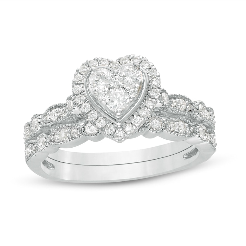 Main Image 1 of 0.45 CT. T.W. Multi-Diamond Heart Frame Alternating Marquise Vintage-Style Bridal Set in 10K White Gold
