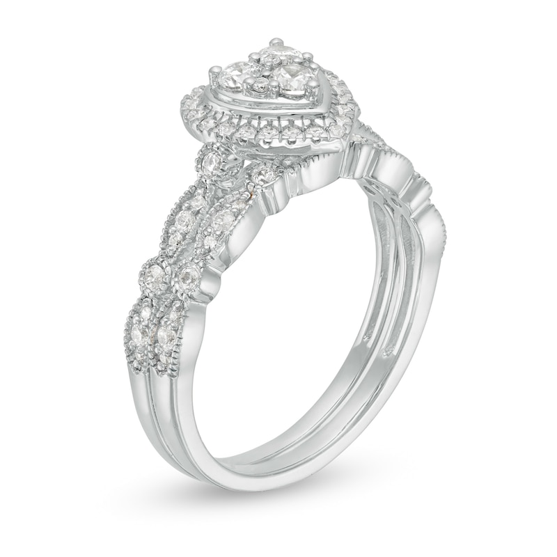 0.45 CT. T.W. Multi-Diamond Heart Frame Alternating Marquise Vintage-Style Bridal Set in 10K White Gold