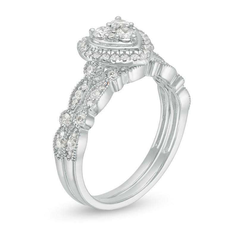 Main Image 3 of 0.45 CT. T.W. Multi-Diamond Heart Frame Alternating Marquise Vintage-Style Bridal Set in 10K White Gold