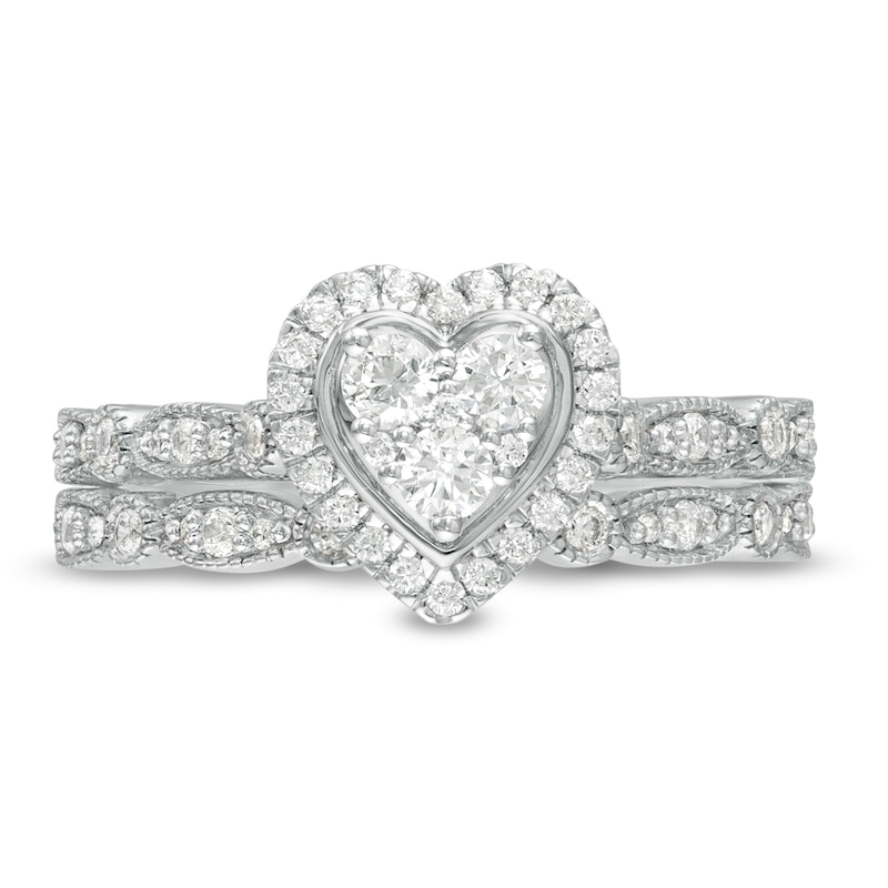 0.45 CT. T.W. Multi-Diamond Heart Frame Alternating Marquise Vintage-Style Bridal Set in 10K White Gold