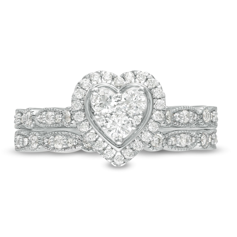 Main Image 4 of 0.45 CT. T.W. Multi-Diamond Heart Frame Alternating Marquise Vintage-Style Bridal Set in 10K White Gold