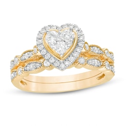 0.45 CT. T.W. Multi-Diamond Heart Frame Alternating Marquise Vintage-Style Bridal Set in 10K Gold