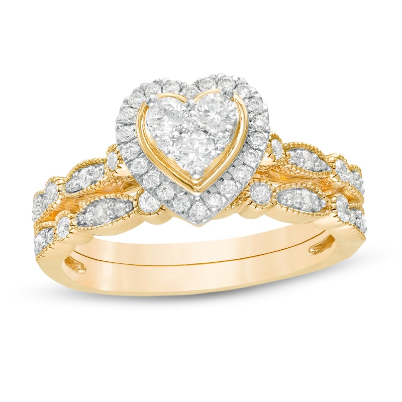 Main Image 1 of 0.45 CT. T.W. Multi-Diamond Heart Frame Alternating Marquise Vintage-Style Bridal Set in 10K Gold