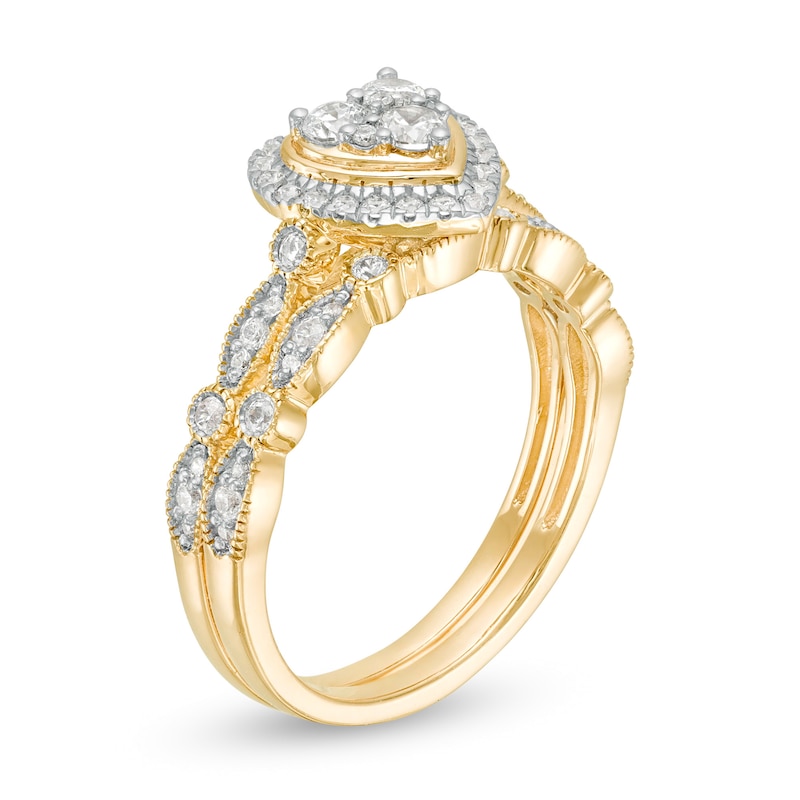 Main Image 3 of 0.45 CT. T.W. Multi-Diamond Heart Frame Alternating Marquise Vintage-Style Bridal Set in 10K Gold