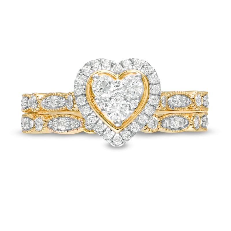 0.45 CT. T.W. Multi-Diamond Heart Frame Alternating Marquise Vintage-Style Bridal Set in 10K Gold