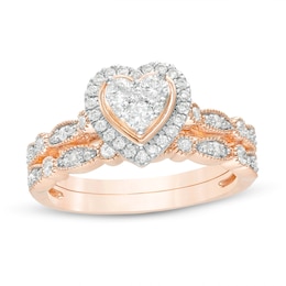 0.45 CT. T.W. Multi-Diamond Heart Frame Alternating Marquise Vintage-Style Bridal Set in 10K Rose Gold