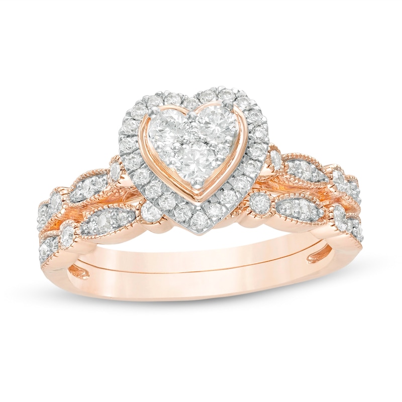 0.45 CT. T.W. Multi-Diamond Heart Frame Alternating Marquise Vintage-Style Bridal Set 10K Rose Gold