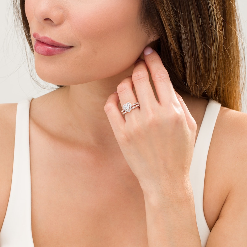 Main Image 2 of 0.45 CT. T.W. Multi-Diamond Heart Frame Alternating Marquise Vintage-Style Bridal Set in 10K Rose Gold