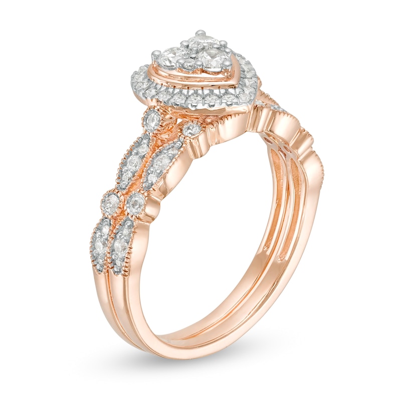 Main Image 3 of 0.45 CT. T.W. Multi-Diamond Heart Frame Alternating Marquise Vintage-Style Bridal Set in 10K Rose Gold