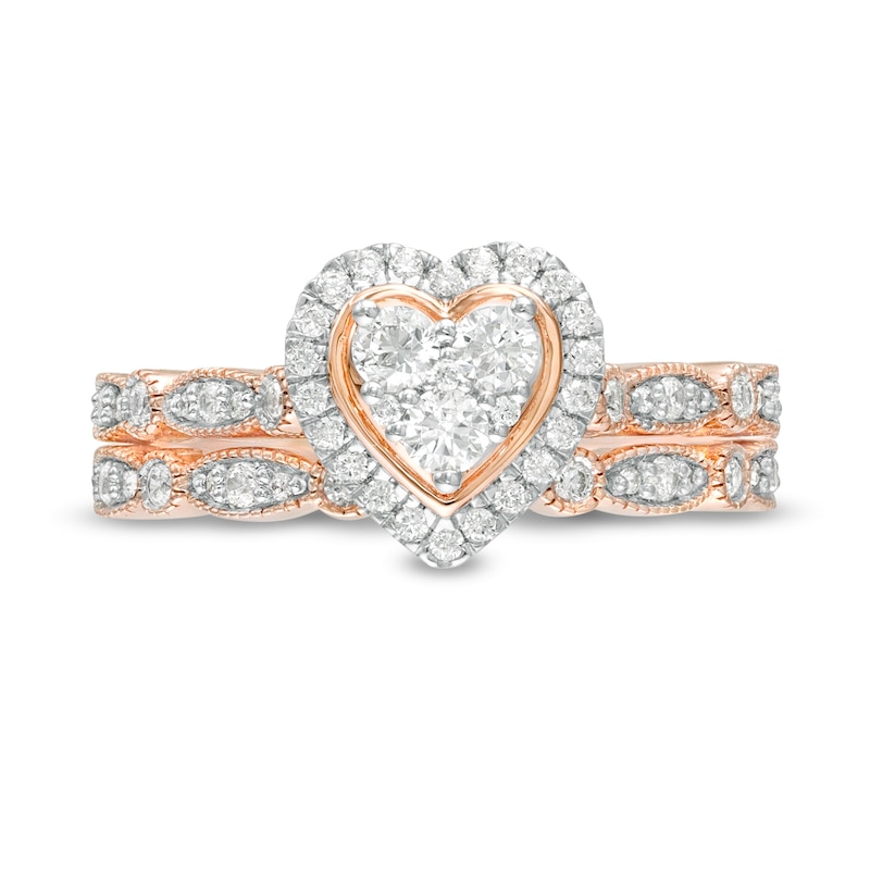 Main Image 4 of 0.45 CT. T.W. Multi-Diamond Heart Frame Alternating Marquise Vintage-Style Bridal Set in 10K Rose Gold