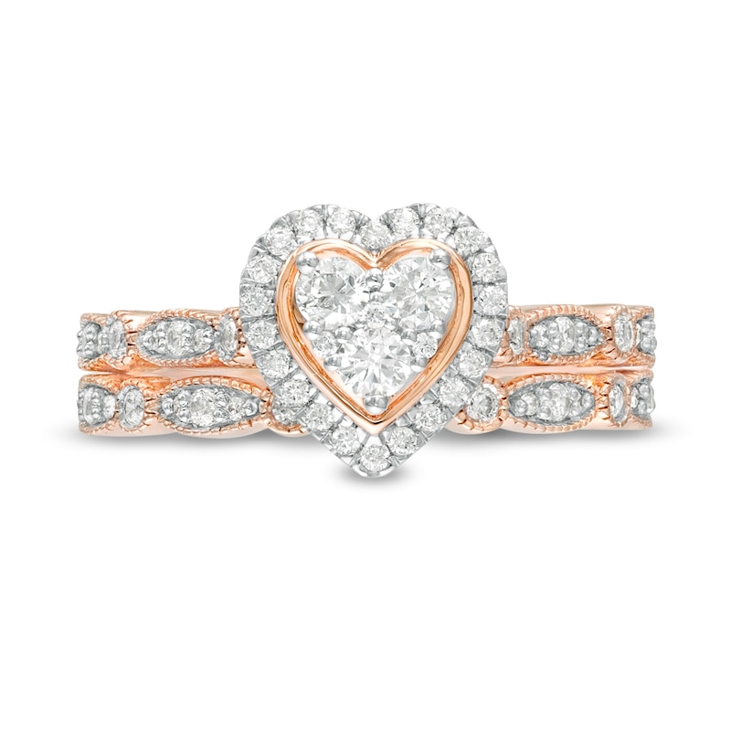 0.45 CT. T.W. Multi-Diamond Heart Frame Alternating Marquise Vintage-Style Bridal Set in 10K Rose Gold