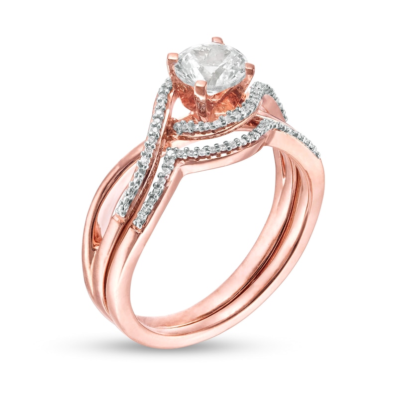 5.5mm Lab-Created White Sapphire and 0.088 Diamond Swirl Frame Bridal Set in Sterling Silver with 14K Rose Gold Plate