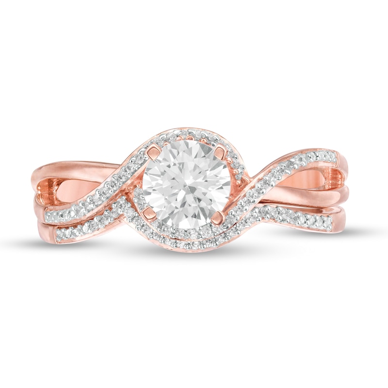 5.5mm Lab-Created White Sapphire and 0.088 Diamond Swirl Frame Bridal Set in Sterling Silver with 14K Rose Gold Plate
