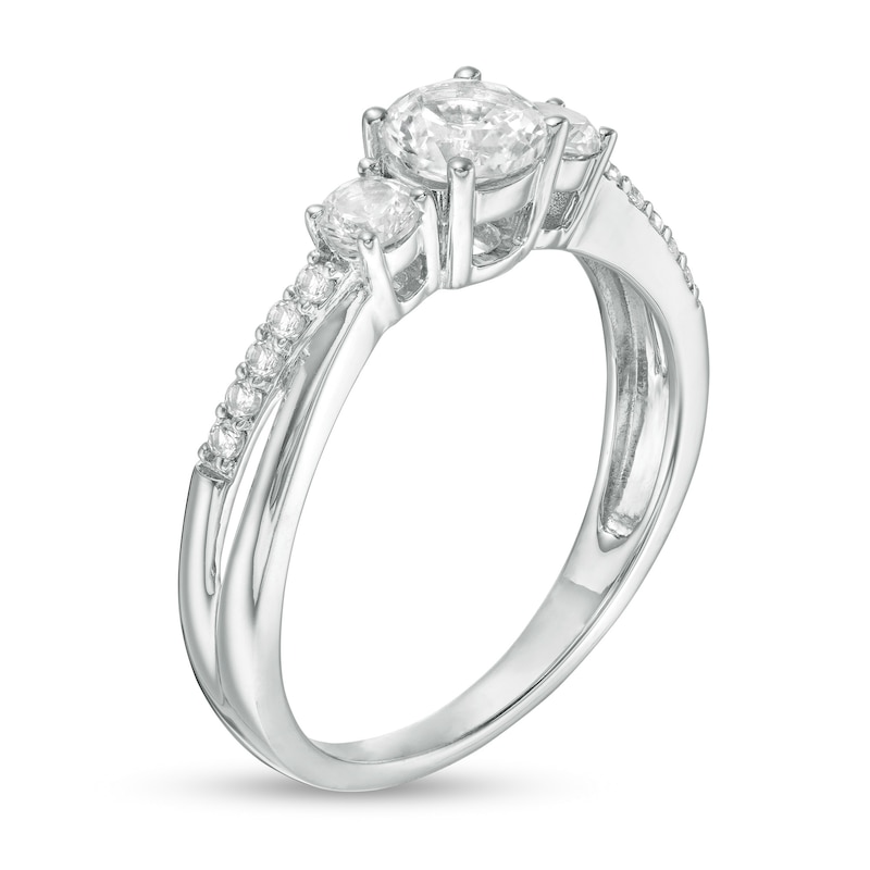 Lab-Created White Sapphire Three Stone Split Shank Ring in 10K White Gold