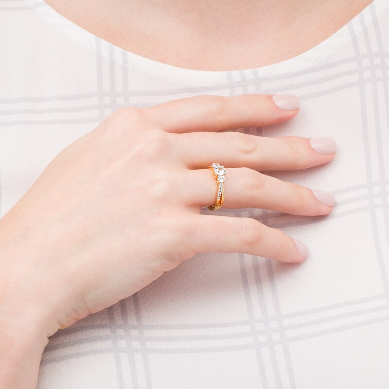 Main Image 2 of Lab-Created White Sapphire Three Stone Split Shank Ring in 10K Gold