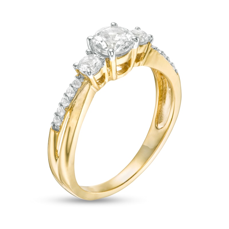 Main Image 3 of Lab-Created White Sapphire Three Stone Split Shank Ring in 10K Gold